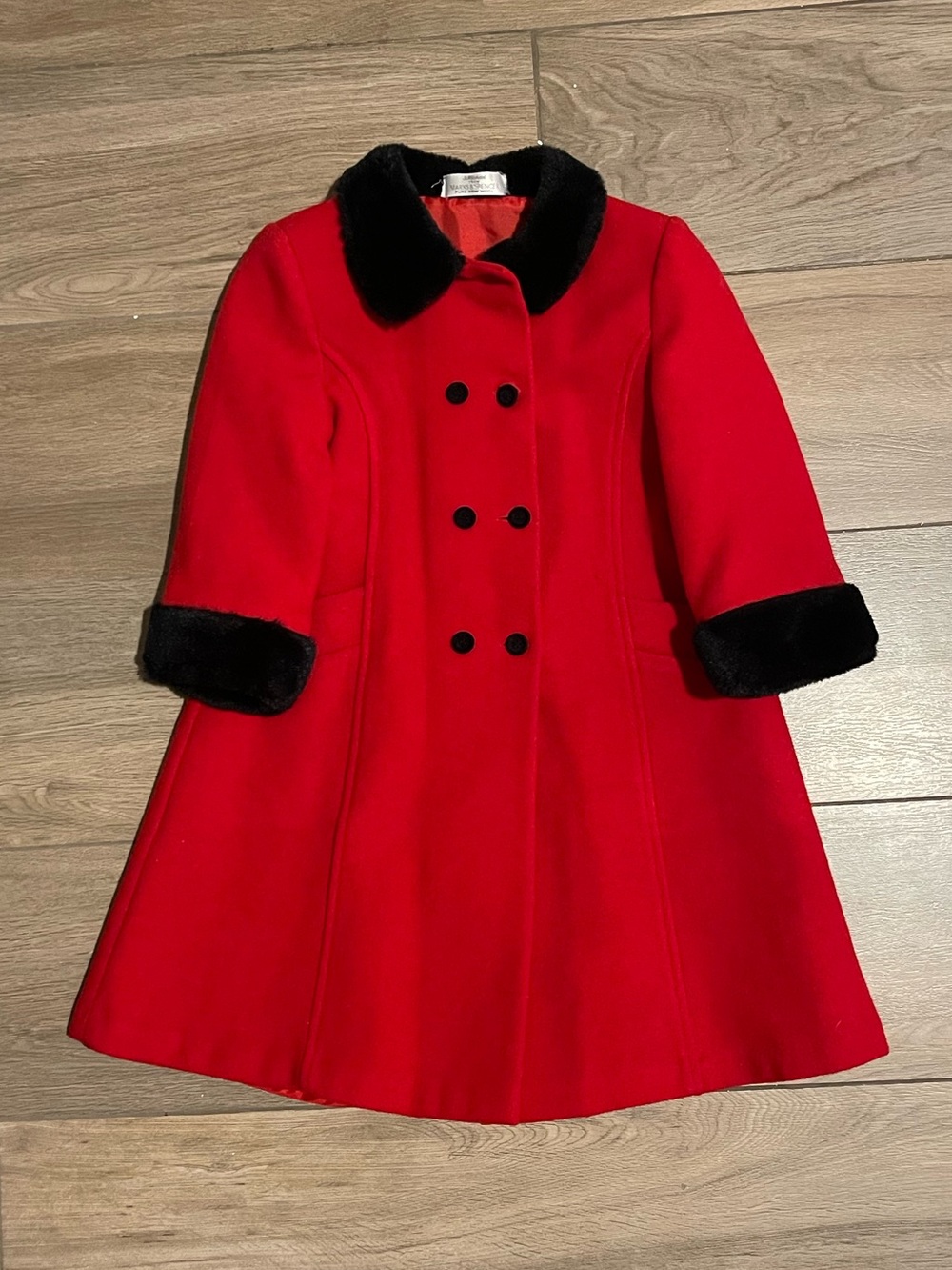 Marks & Spencer Red Double-Breasted Pea Coat with Black Faux Fur Trim Size 2T/3T
